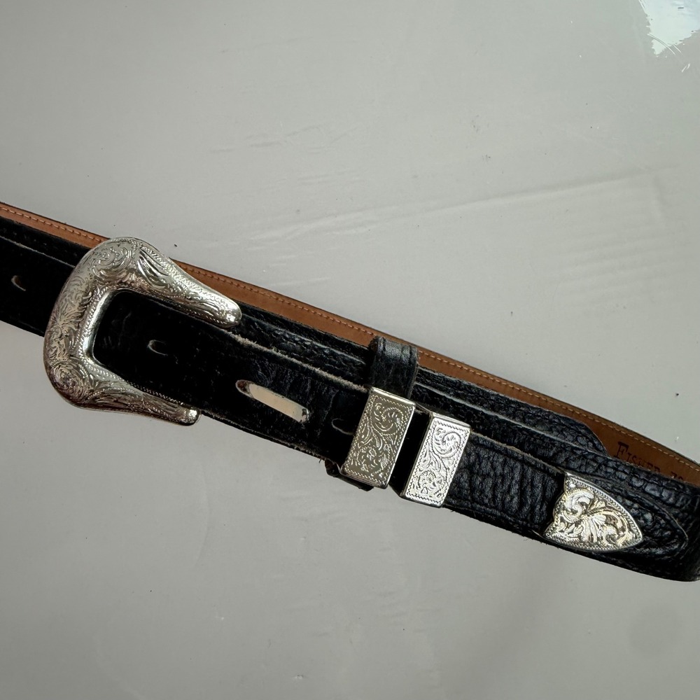 Vintage Fisher Western Style Silver-Toned Buckle Black Leather Belt‎